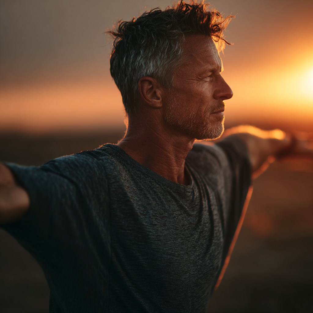 Mature man in his 50s doing yoga warrior pose outdoors during sunrise, showing strength and flexibility in natural environment