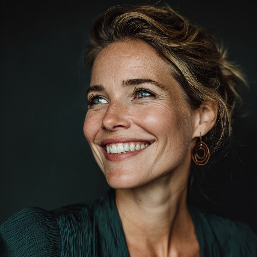 Professional woman in her 40s with genuine smile, representing satisfied yoga client testimonial